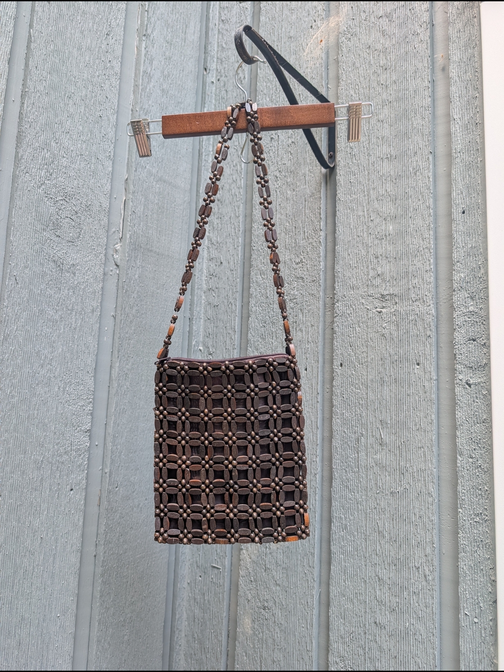 Woven Beaded Mini Shoulder Bag in Dark Brown